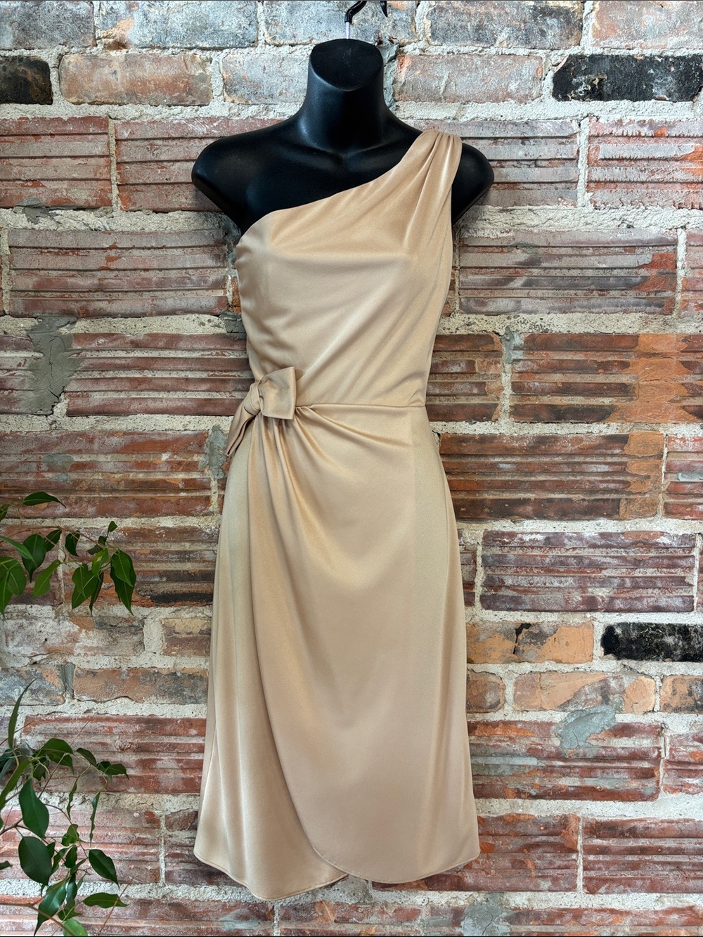 Vintage One-Shoulder Tan Cocktail Dress with Side Bow